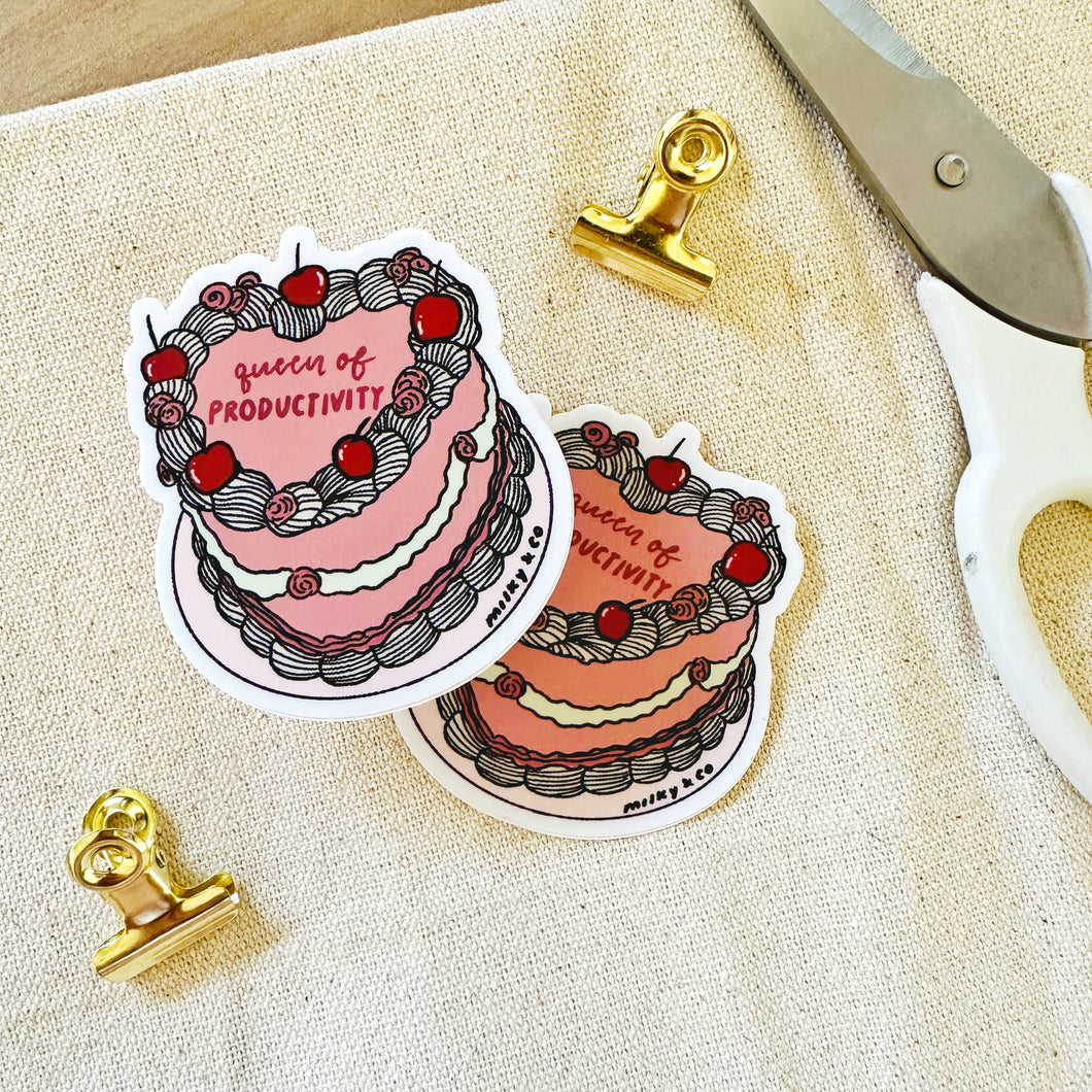 Queen of Productivity - Vintage Heart Cake - Waterproof Vinyl Sticker